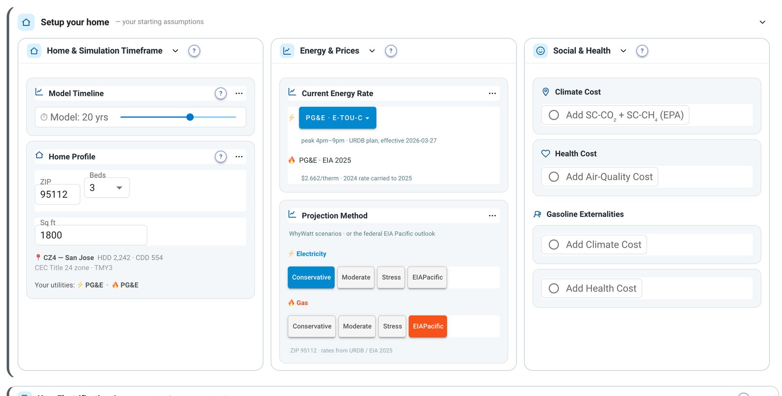 Setup your home — Home & Simulation Timeframe, Energy & Prices with Current Energy Rate and Projection Method, and Social & Health panels