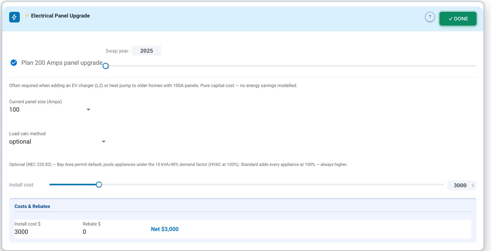 Electrical panel upgrade detail — 100 A to 200 A, NEC 220.82 optional load calculation, $3,000